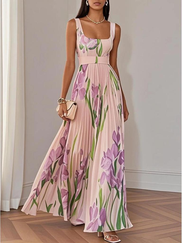 2026 Europäisches und Amerikanisches Damen-Spaghettiträger Digitales Florales Plissee-Langkleid