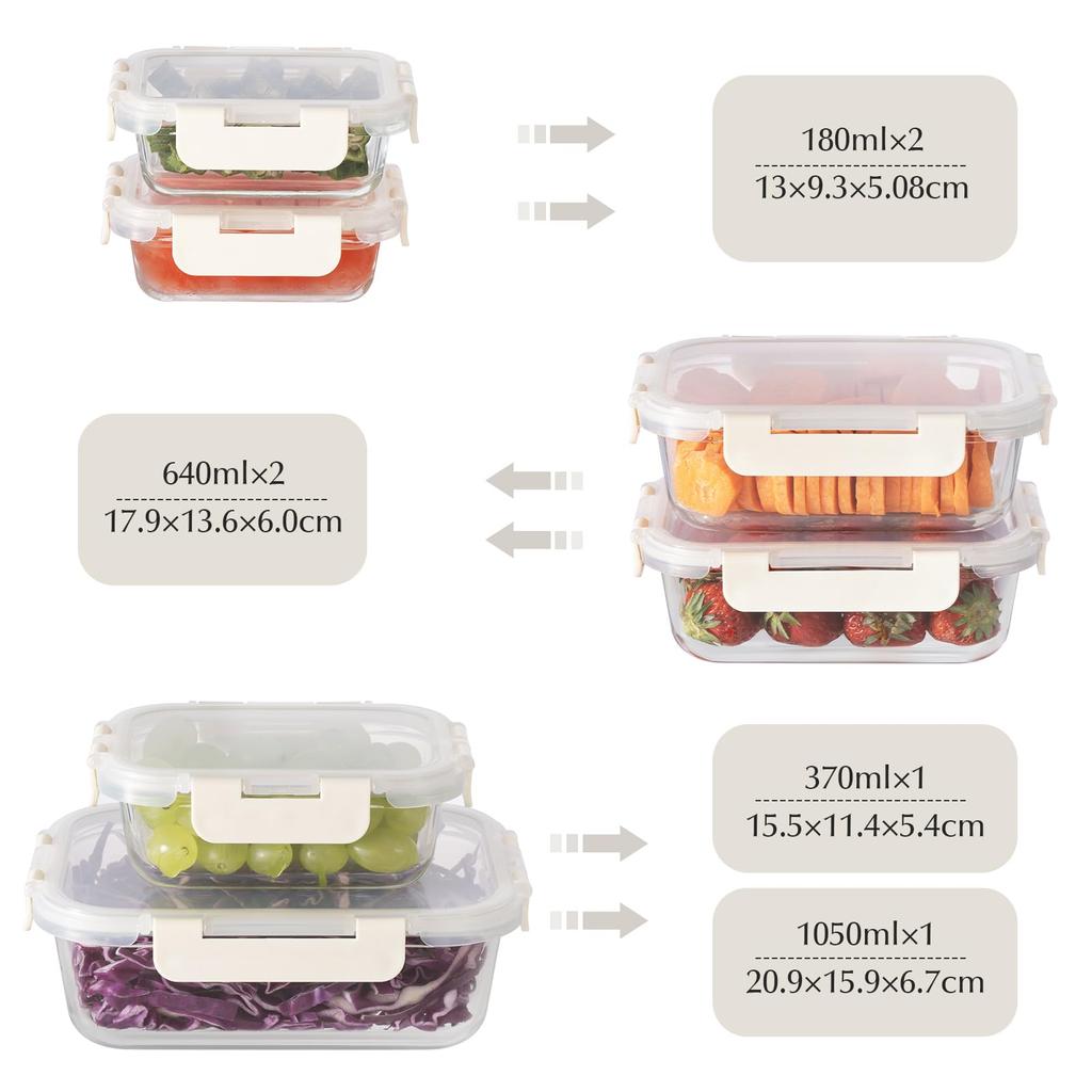 Conjunto de Armazenamento de Vidro AILTEC com Recipientes Retangulares Resistentes ao Calor, 6, Vidro, Hermético, Tupperware, Seguro para Micro-ondas, Empilhável, Tampas, Livre de BPA,