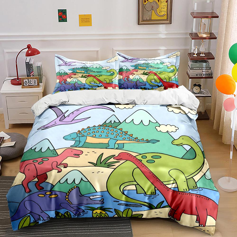 Colorful Dinosaurs In Natural Scene Print Bedding Set 1 Duvet Cover 2 Pillowcases for Adult and Children Luxury Gift Full Size