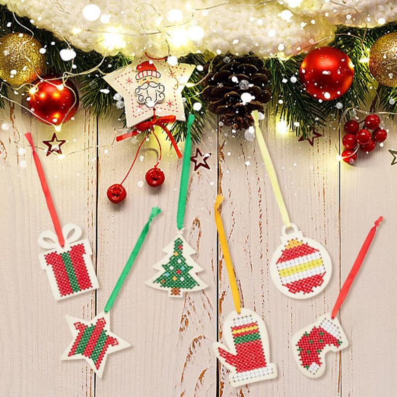 46pcs DIY Christmas Tree Embroidery Kit Light Blue/White/Yellow Wood Ornaments for Holiday Decorations Craft Set