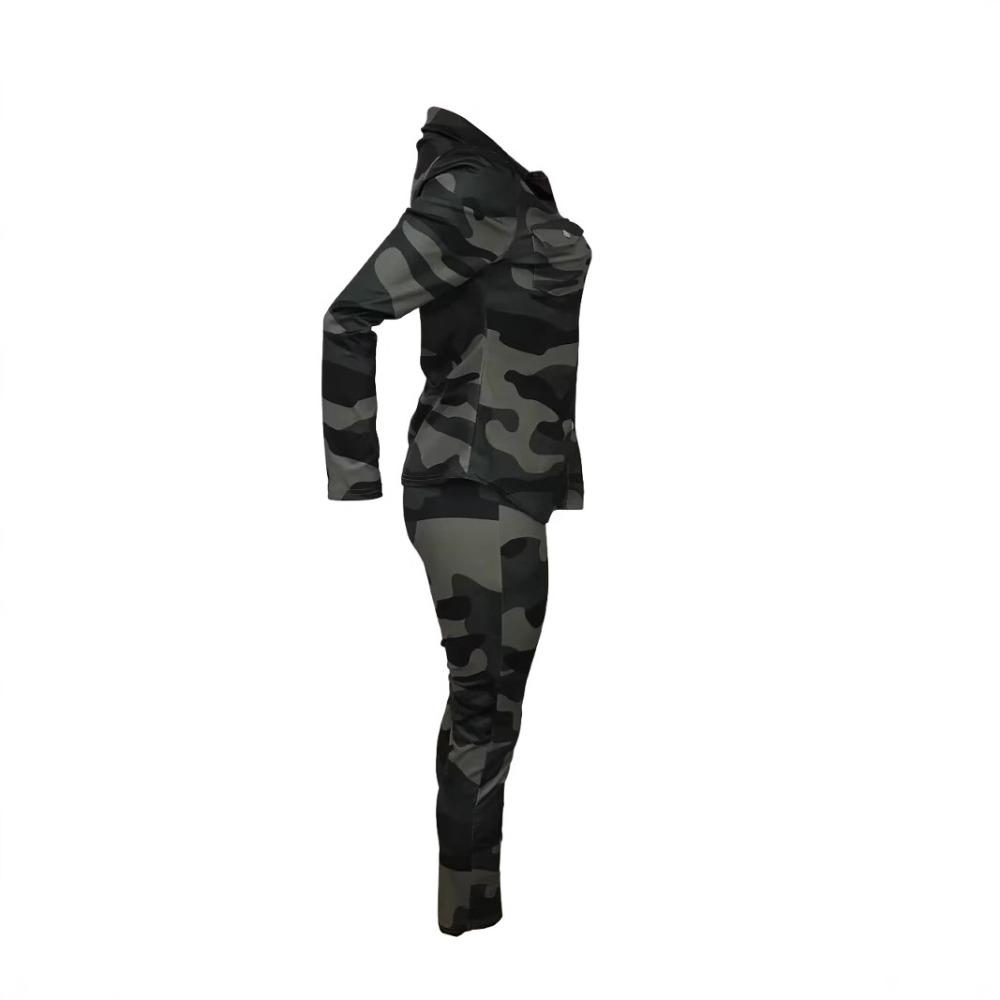 Women's Camo Print Button Front Long Sleeve Skinny Pants Two Piece Tracksuit Casual Streetwear Matching Outfit