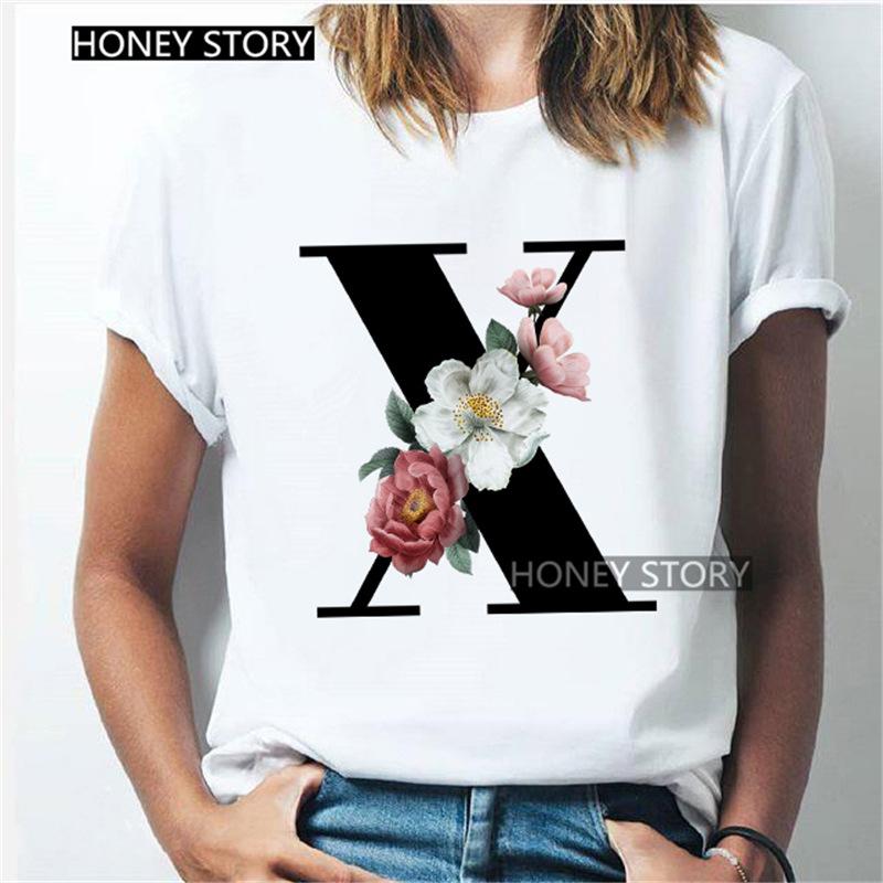 Kawaii English Alphabet Flowers Graphics Female T-Shirt 90S Summer Loose Short Sleeve Round Neck Female Tops Clothing