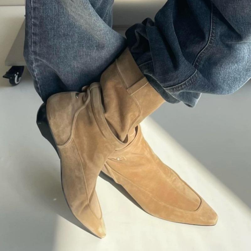 Fashion 2025 Winter New Suede Ankle Boots Women Fashion Retro Pointed Toe Belt Buckle Design Wedge Cowboy Boots Botines Para Mujeres