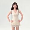 Women's White V-Neck Lace Bubble Two-Piece Skirt Dress - Summer Waist-Cinching Design