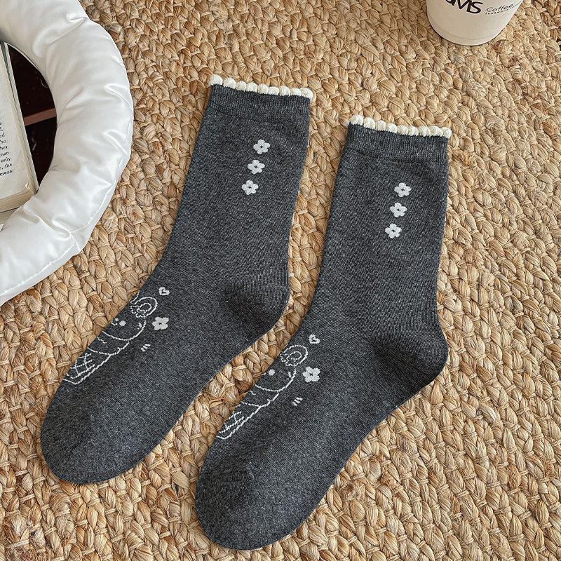 Socks Three-Flower Cartoon Rabbit Socks Korean Gray Lace Pile Stocking Socks