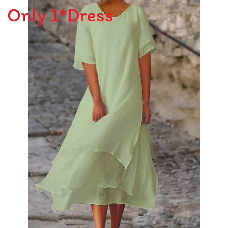 Vestido de Verano de Algodón y Lino de Doble Capa con Bloques de Color y Manga Corta de Cuello Redondo para Uso Casual
