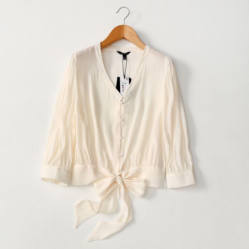 

Export Export Original Order Temperament Pure Color Minimalist Hem Strap Short Shirt Women s Summer V-neck 3/4 Sleeves Sun Protection Clothing White Euro code-S