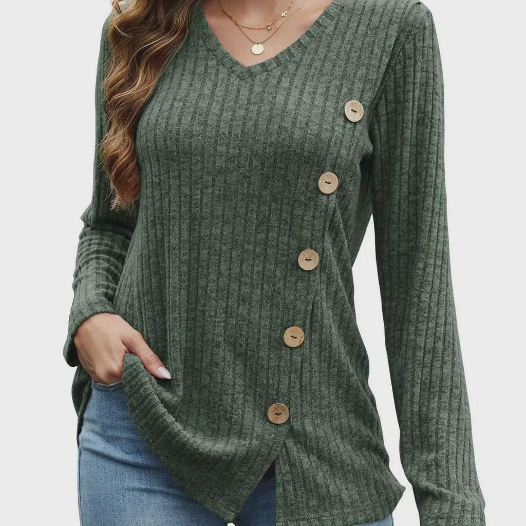 2023 Women's Autumn & Winter V-Neck Button Split Loose Long-Sleeve T-Shirt Top