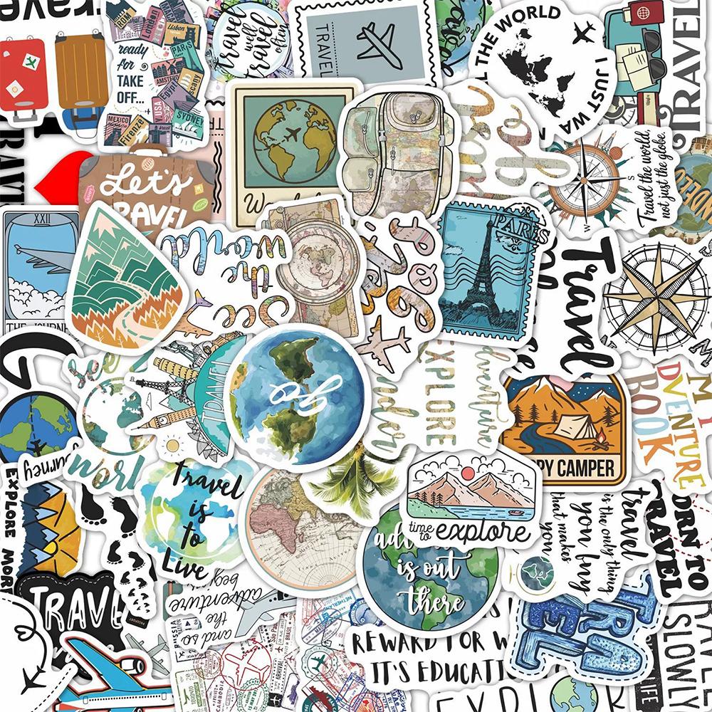 10/30/50pcs Outdoor Travel Cartoon Stickers World Map Landscape Decals DIY Laptop Journal Notebook Holiday Vacation Sticker Pack