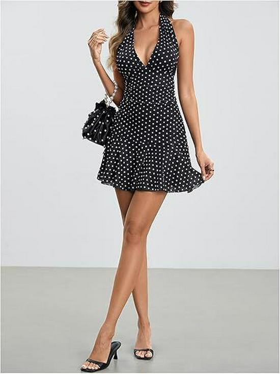 2025 Summer Women's Sleeveless Polka Dot Halter Neck Mini Dress with Open Back