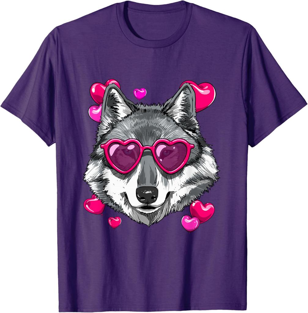 Wolf Lover Heart Sunglasses Valentine Graphic Tee Soft Casual Crewneck T-Shirt