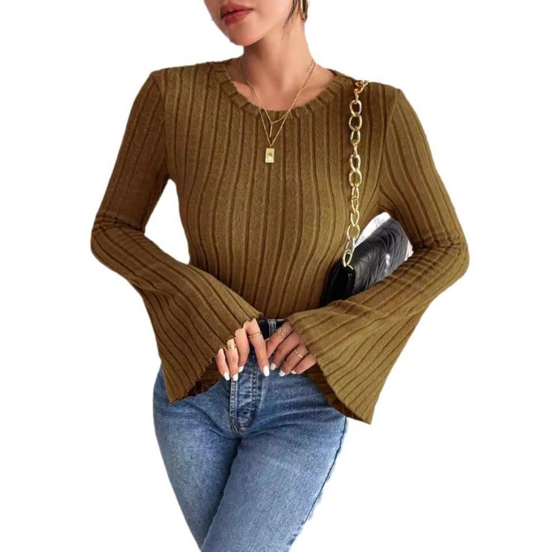 Women S Solid Slim Fit Sweater Round Neck Flared Sleeve Autumn Casual