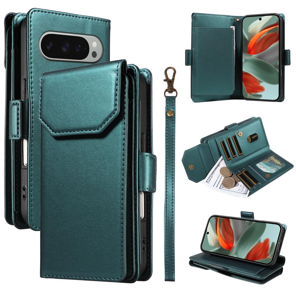 For Google Pixel 9 Pro XL Case with Multi-Card Holder and Strap PU Leather Phone Cover Stand