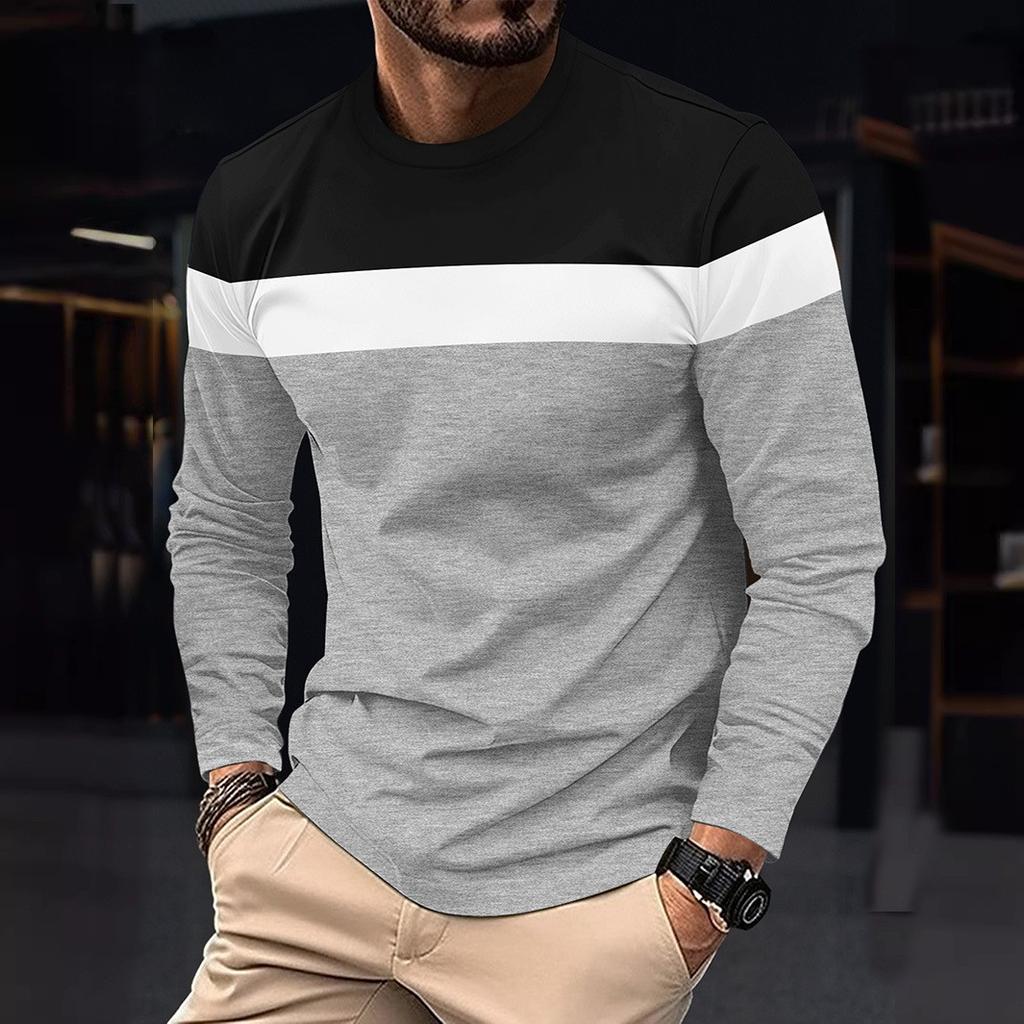 Men'S Outdoor Casual Loose Round Neck T-Shirt Color Block Long Sleeve Undershirt Spring Autumn Fashion Anti Wrinkle Pullover