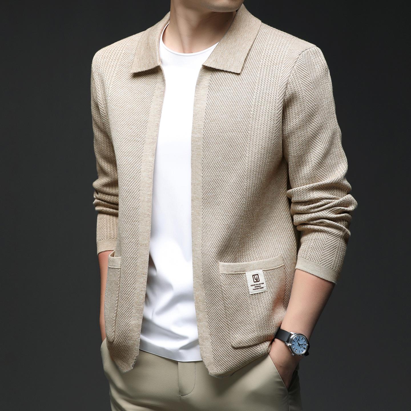 

2025 Autumn Men s Fashionable Knit Lapel Cardigan - Casual No-Button Patchwork with Pockets 2XL
