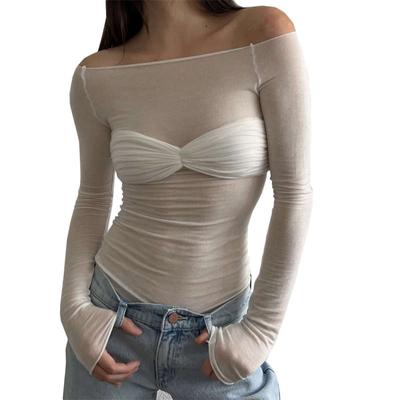 SLIM Lightweight Perspective Long Sleeves One Collar Top Women's Clothes Lightweight Gentle Style