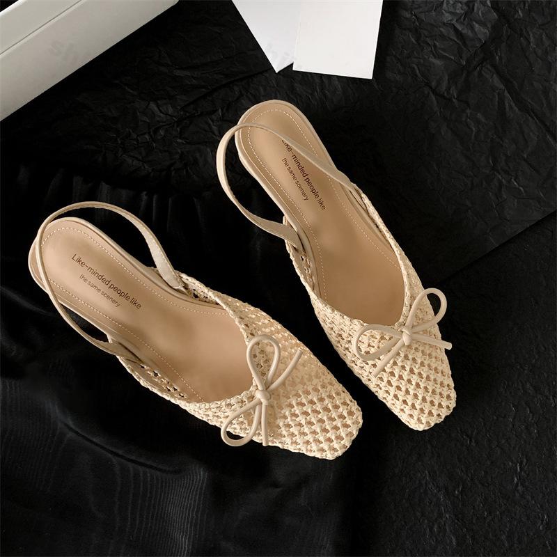 

Fashion Woven Bow Back Strap Design Sandals Women s 2025 Summer New Square Head Shallow Mouth Single Shoe Comfortable Elegant Cool Pumps 34