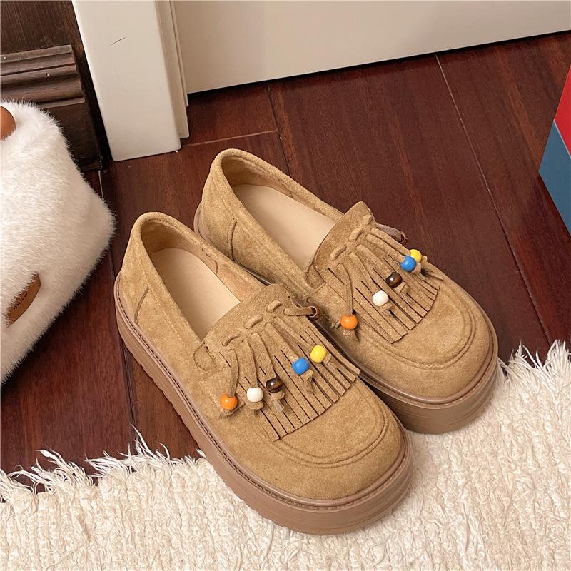 Thick-soled retro fringed beaded Birkenstock small single shoes for women's 2025 autumn new casual and comfortable one-pedal lazy single shoes