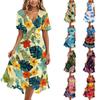 Women's Fashion Casual V Neck Short Sleeve Ruffled Vintage Printed Dresses