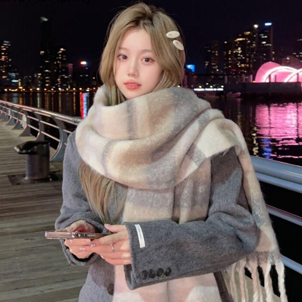 Tassel Plaid Wool Scarf Mohair Long Shawl Elegant Winter Cashmere Scarves  Student