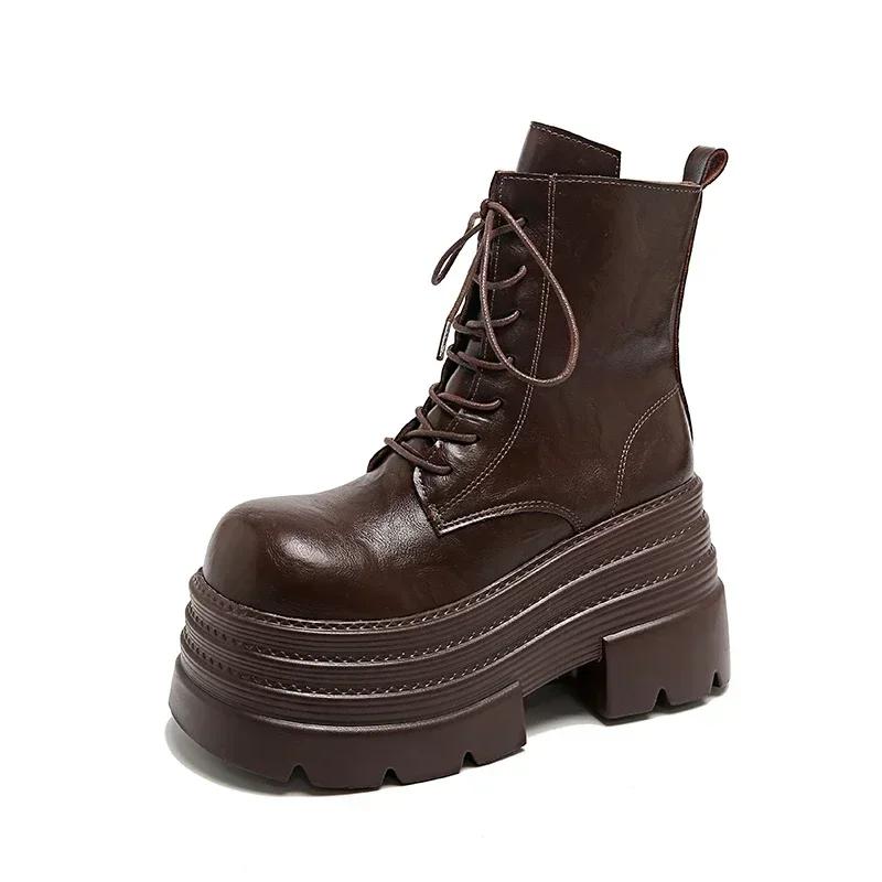 Women Boots New Winter Motorcycle Boots 10.5cm Wedge Heels High Platform Leather Chunky Shoes Woman Autumn Thick Sole Punk Boots