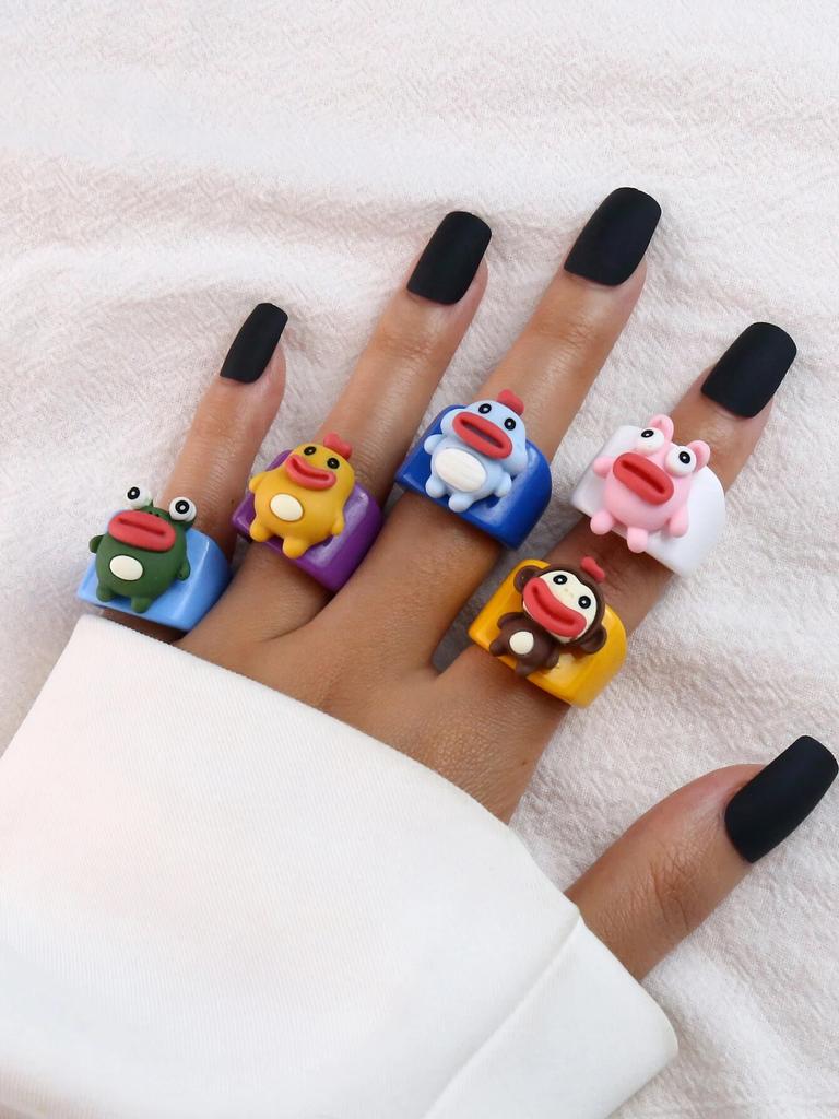 Cartoon Fruit Ring Women Fashion Korean Cute Animal Resin Acrylic Ring Set Christmas Birthday Party Gift Jewelry for Female Girl