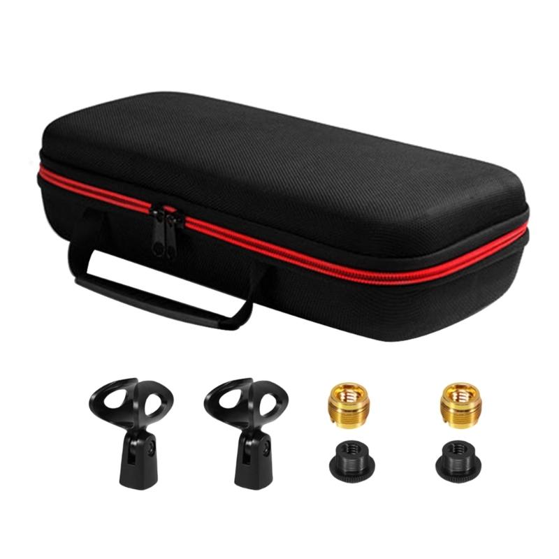 Durability EVA Microphone Storage Box Fit Two Wireless Mics with Adjustable Stand Metal Adapter Secure Zippered Pocket