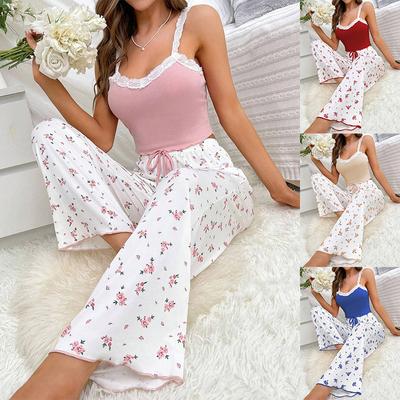 European and American Style Women’s Floral Cami Top and Long Pants Pajama Set Two-Piece Summer Lace Sexy Loungewear