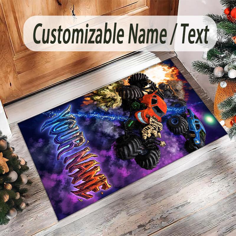 Monster Truck Theme Crystal Velvet Rug Personalized Custom Name Text Soft Floor Mat Home Decor