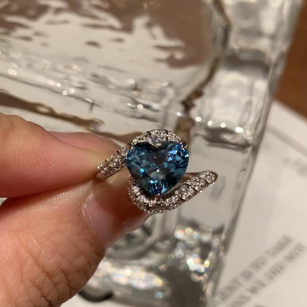 Elegant Santa Maria Aquamarine Heart Ring High Carbon Diamond Open Ring for Women Stylish Venetian Coast Jewelry