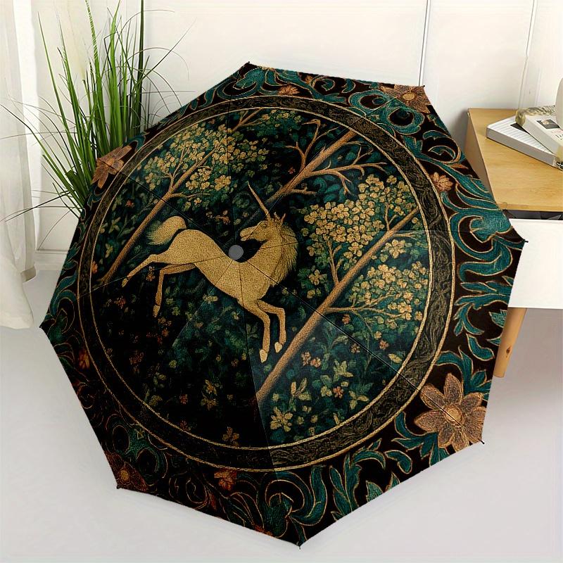 Гобелен «Лес Единорогов»: Средневековый фэнтезийный настенный подвесЗонт, Портативный компактный 3-складной зонт для мужчин и женщин Подарок