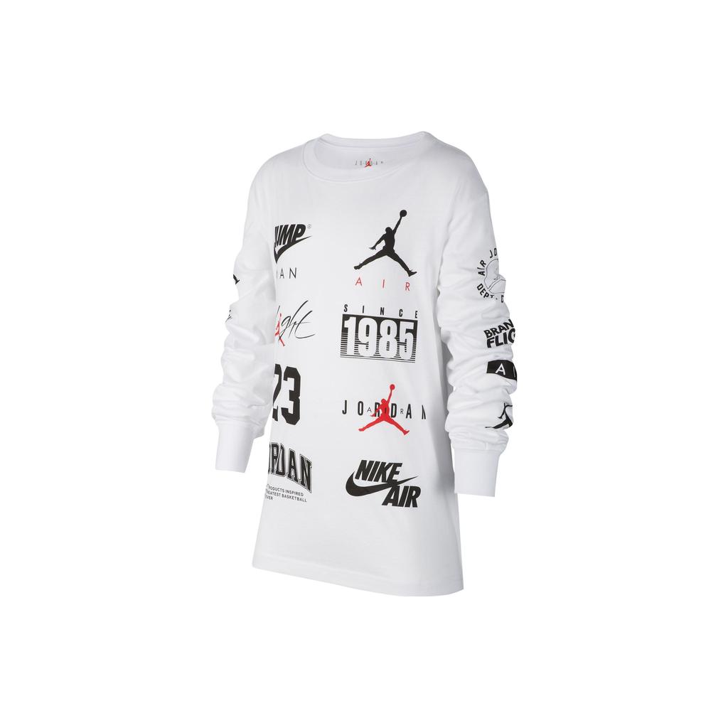 Jordan Pattern Print Crew Neck Casual Pullover Long Sleeve T-Shirt Kids Tops White FB1611-100