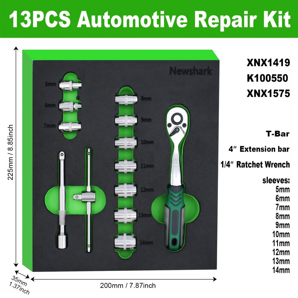 13pcs 1/4 Inch Drive Ratchet Socket Wrench Set, with 5-14mm and 72 Tooth Ratchet Handle and 4''Extension Bar Universal Joint