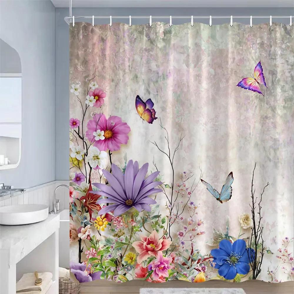 Butterfly Flowers Shower Curtains Pink Purple Blue Watercolour Floral Plants Vintage Art Modern Fabric Bathroom Decor with Hooks