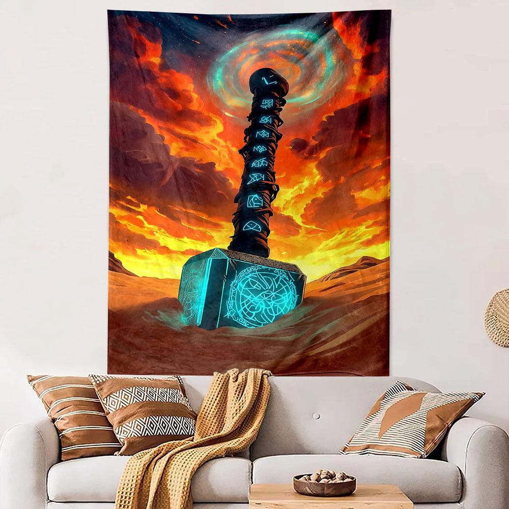 Thor Mjolnir Hammer with Glowing Blue Runes Wall Tapestry Viking Artifact in Desert Under Fiery Sunset and Galaxy Vortex for Living Room Decor Gift