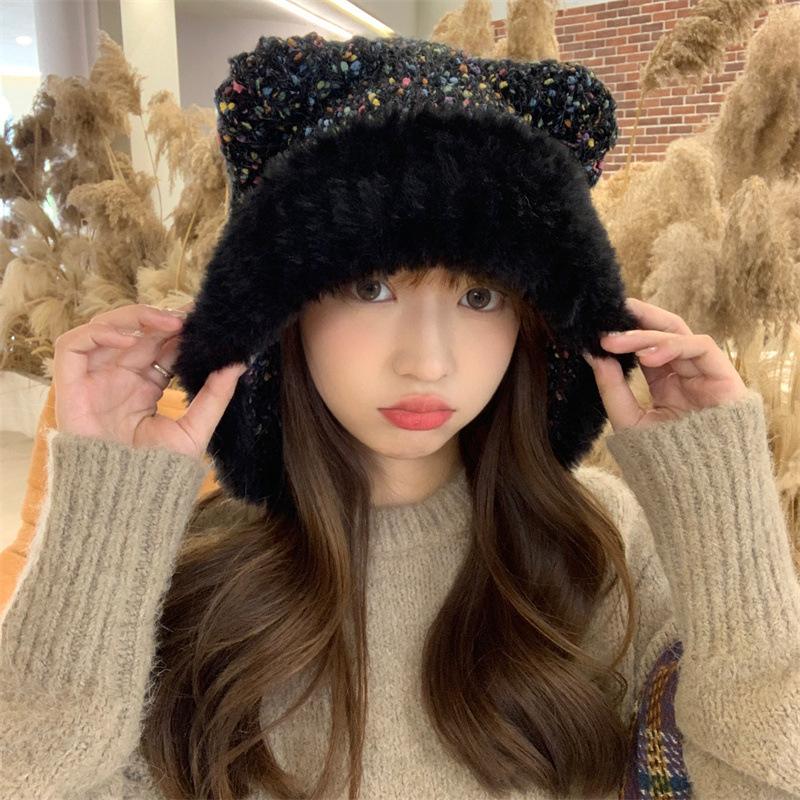 

Bear Ears Wool Knitted Hat Children s Winter Face Small Plush Cute Warm Big Head Ear Protector One Size верблюд
