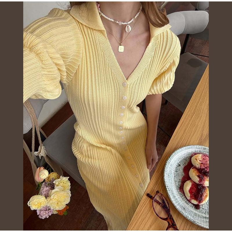 Damen Strickkleider mit Puffärmeln, einreihig geknöpft, lang, frisch, einfarbig, schlankmachend, Sommerneu, eleganter Damenstrickstil