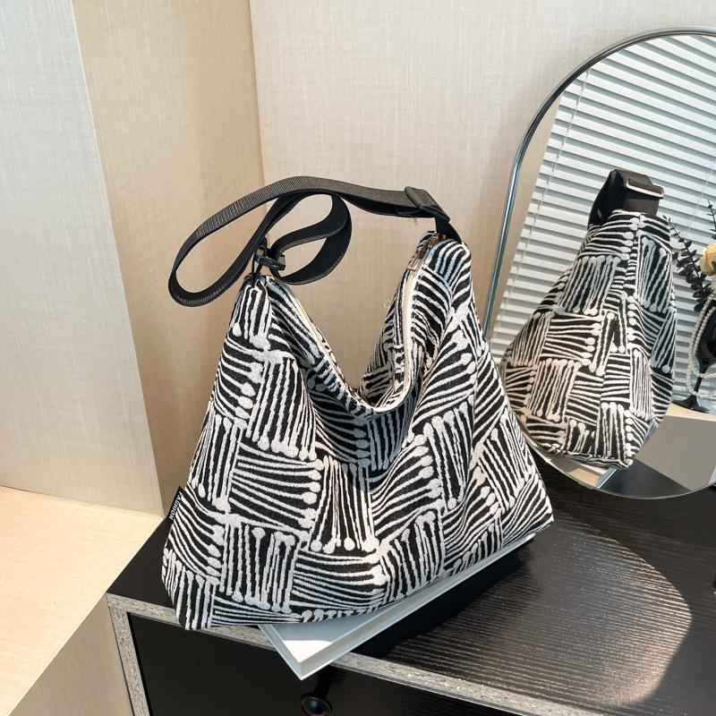 Cloth bag 2025 autumn new large-capacity canvas high-value plaid wide shoulder strap single shoulder messenger tote bag