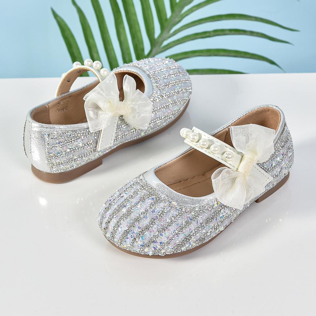 Girls' Princess Shoes Spring and Autumn New Children's Bowknot Flat Leather Shoes Baby Soft Sole Shiny Crystal Shoes