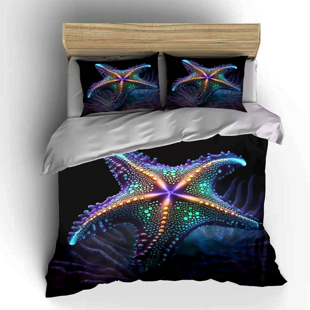 Colorful Glowing Starfish. Print Bedding Set 1 Duvet Cover 2 Pillowcases for Adult and Children Luxury Gift Full Size