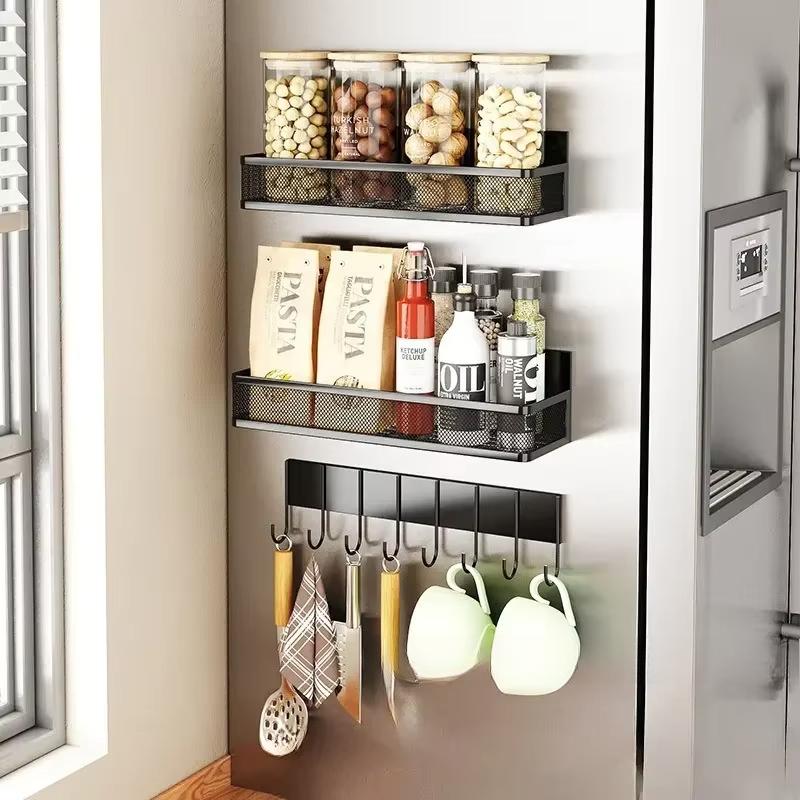 3pc Magnetic Spice Rack For Refrigerator Side Spice Storage Shelf Household Fridge Magnetic Shelf Space Saving Kitchen Organizer