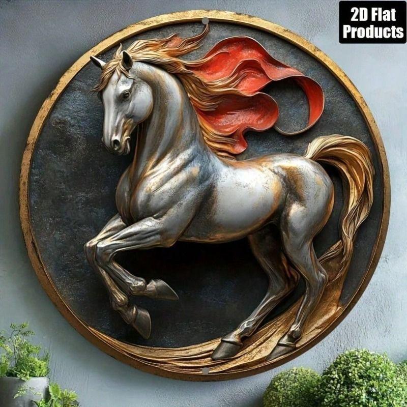

Vintage Horse Metal Wall Art 8x8 Inch Round Tin Sign for Home Decor