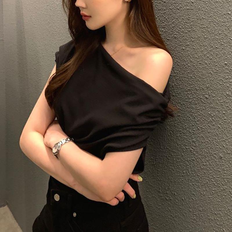 Irregular Slanted Shoulder Design Sense Loose Solid Color Pullover Short Sleeve T-Shirts Women’s