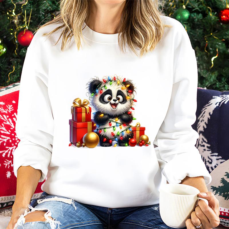 Merry Christmas Cartoon Panda Lights Design Women Sweatshirt Graphic Christmas Kawaii Cartoon Panda Gifts Holiday Sweatshirts