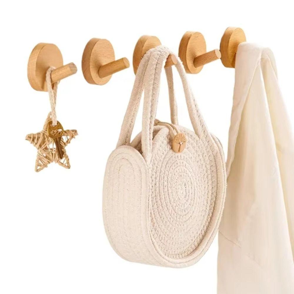 4pcs Beech Walnut Wood Wood Hook Punch Free Simple Design Wall Hook Solid Wood Wood Handle Hanging Hanger Bathroom Organizer