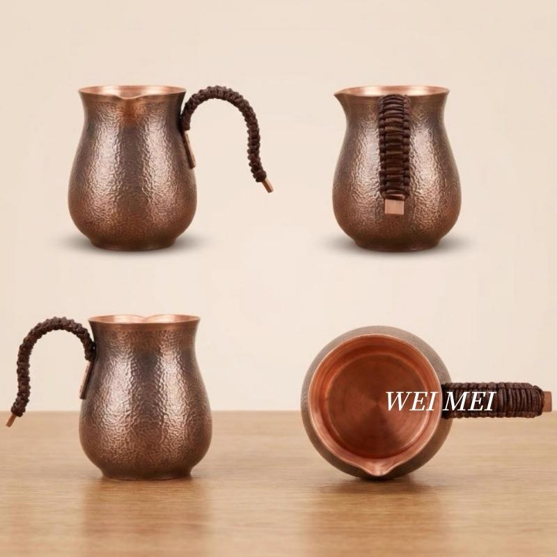 Vintage Copper Coffee Pot,Home Side-Handle Tea Brewing Pot Cold Drink Cup,Camping Handcrafted Engraving Hammer Texture Tea Cup