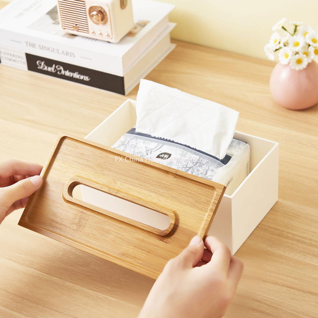 Japanese-style Bamboo-lid Tissue Box, Desktop Storage Box for Dining Room, Living Room, Office, Pull-out Tissue Dispense