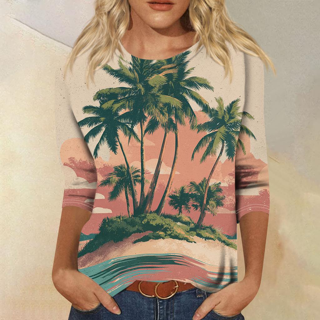 Women's Fashionable Casual Round Neck Three-quarter Sleeve Hawaiian Print T-shirt Top