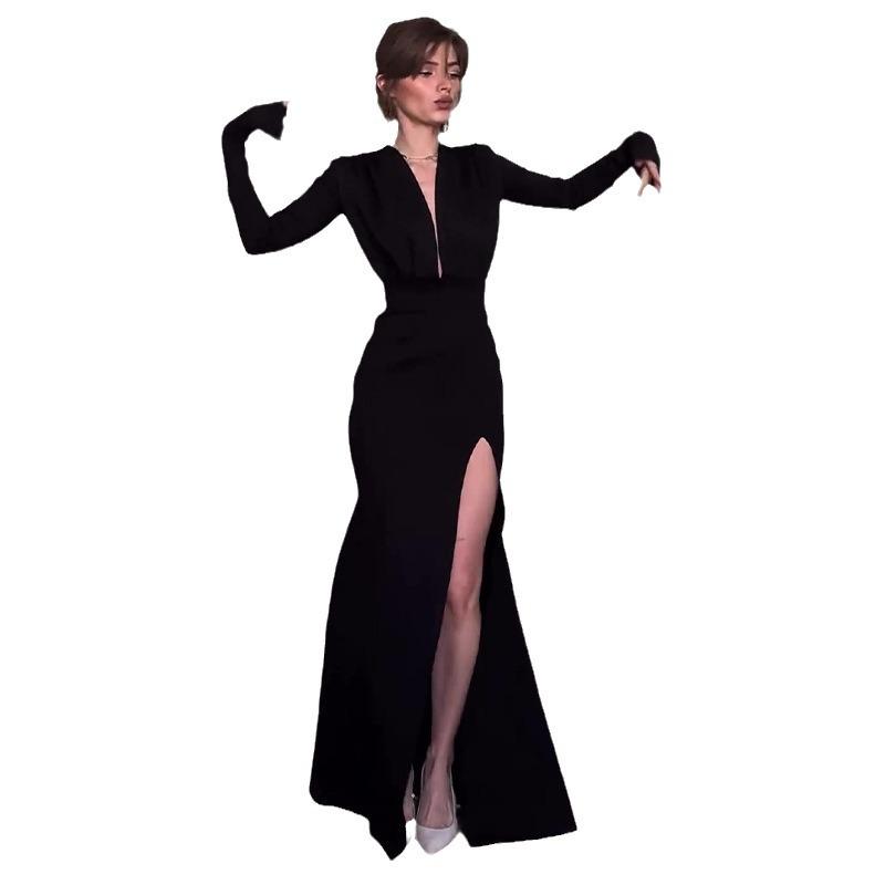 2024 Autumn Women's V-Neck Solid Color High Slit Long Dress - Sexy, Light, Mature Style