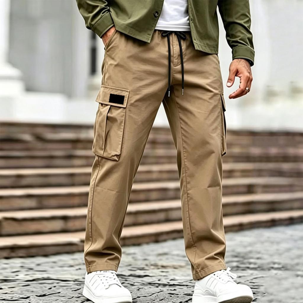 Men Drawstring Waist Cargo Pants with Multiple Pockets Relaxed Fit Trousers for Daily Casual Outdoor Activities